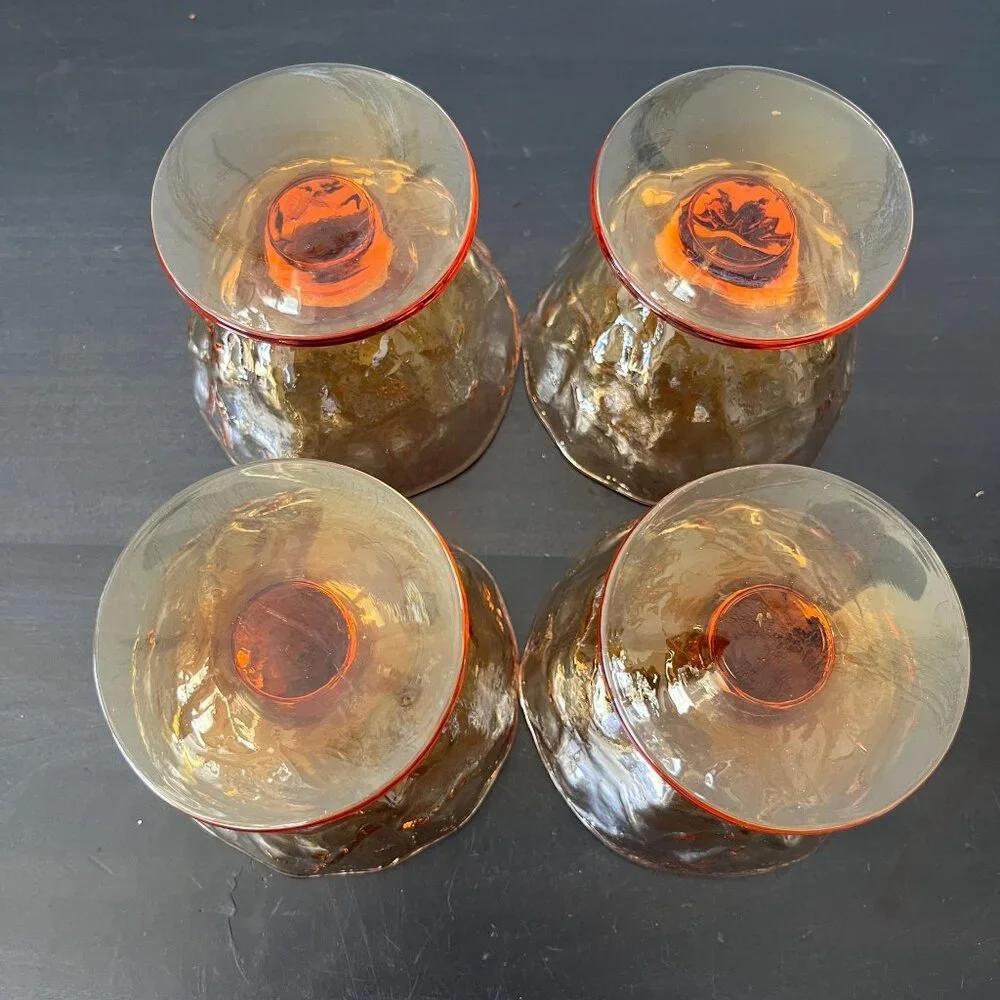 Seneca Glass Driftwood Amber Dessert Bowls // Set of 4 // Crinkle Glass Pedestal